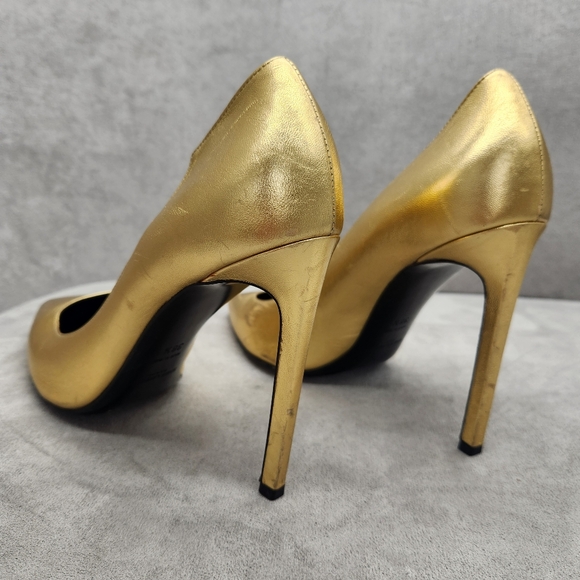 Saint Laurent Pumps 8.5 Golden Leather Stiletto Pointed Toe Luxury Made In Italy - Picture 11 of 16